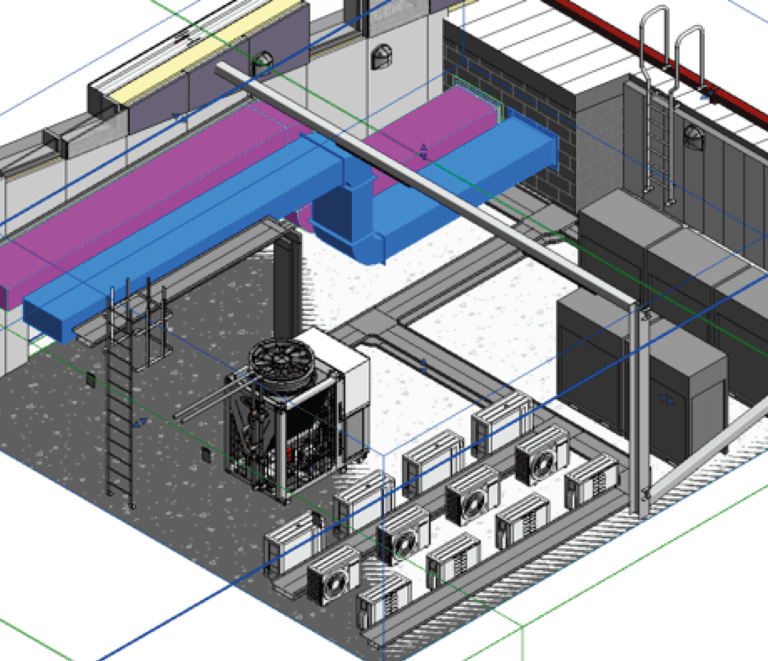 Detailed 3D BIM Revit MEP model showing rooftop heat pump units, condenser compound layout, and heavy ventilation ductwork by Davies Partnership